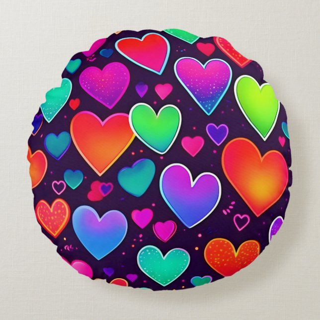 Neon Heart Symphony Round Pillow (Front)