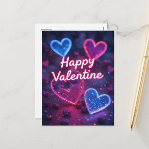 Neon Heart Valentine Modern Happy Valentines Day  Holiday Postcard