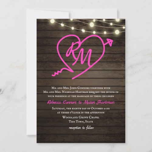 Neon Heart Wedding Monogram Barn String Lights Invitation