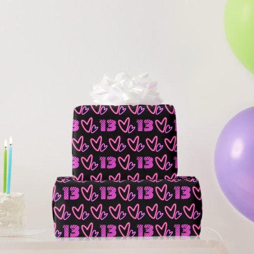 Neon Hearts Black Pink Retro Age Wrapping Paper