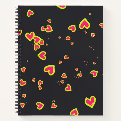 Neon Hearts on Black Hardcover Spiral Sketchbook Notebook