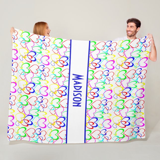 Neon Hearts on White, Personalized Fleece Blanket (In Situ)