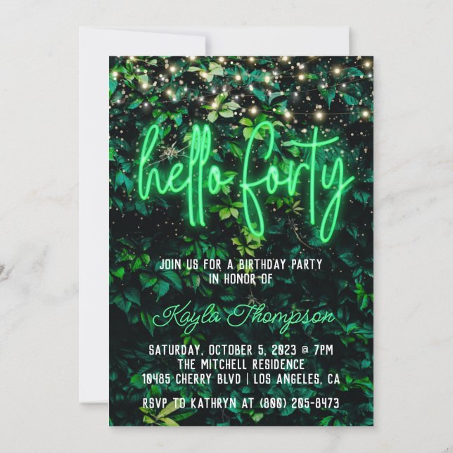 Neon Hello Forty 40th Birthday Party Invitation (Back)