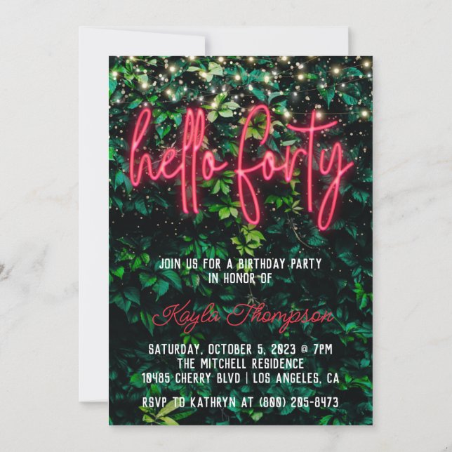 Neon Hello Forty 40th Birthday Party Invitation (Back)