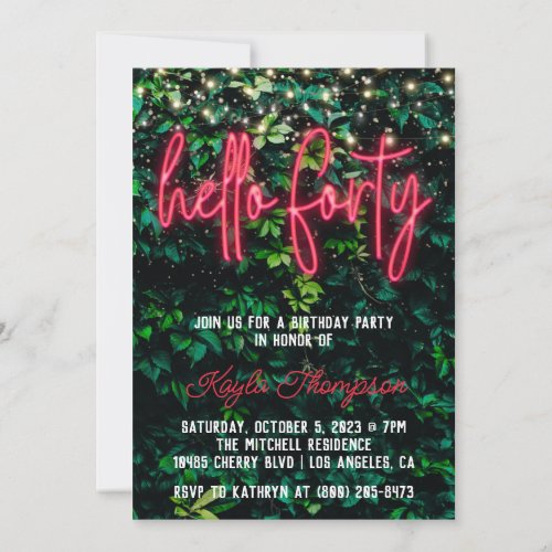 Neon Hello Forty 40th Birthday Party Invitation