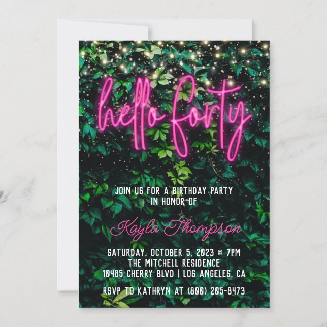 Neon Hello Forty 40th Birthday Party Invitation (Back)
