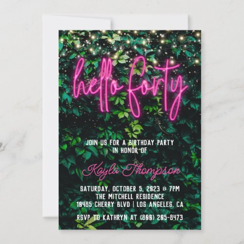 Neon Hello Forty 40th Birthday Party Invitation