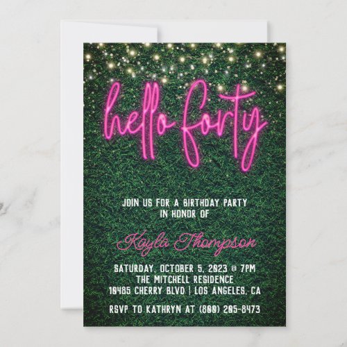 Neon Hello Forty 40th Birthday Party Invitation