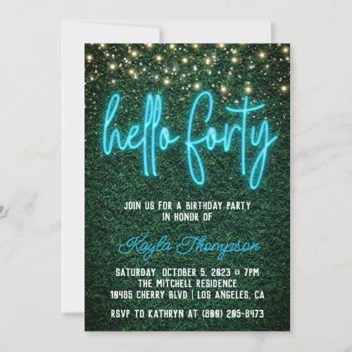 Neon Hello Forty 40th Birthday Party Invitation