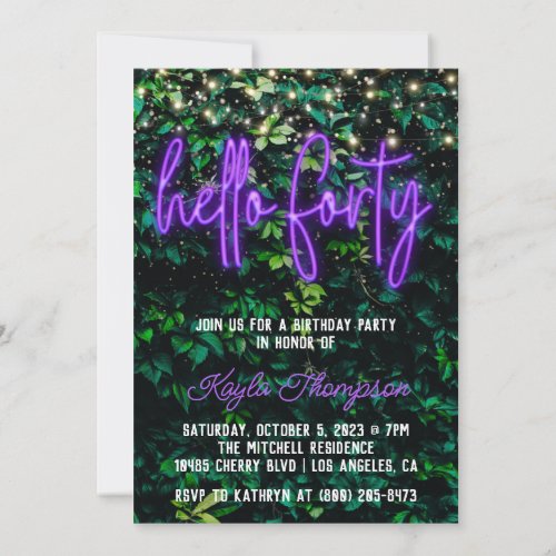 Neon Hello Forty 40th Birthday Party Invitation