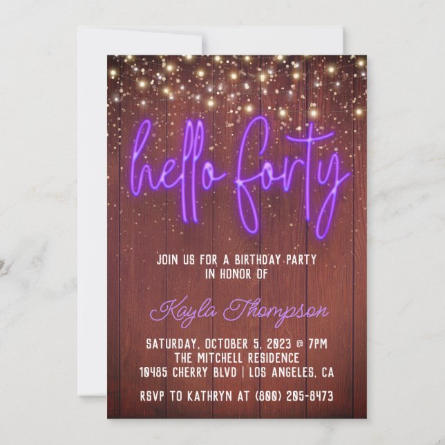 Neon Hello Forty Wooden Birthday Invitation (Back)