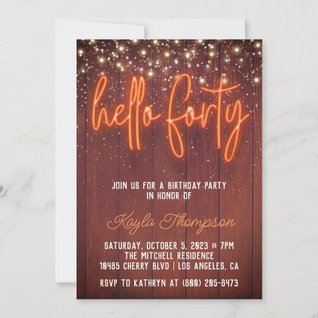 Neon Hello Forty Wooden Birthday Invitation (Back)
