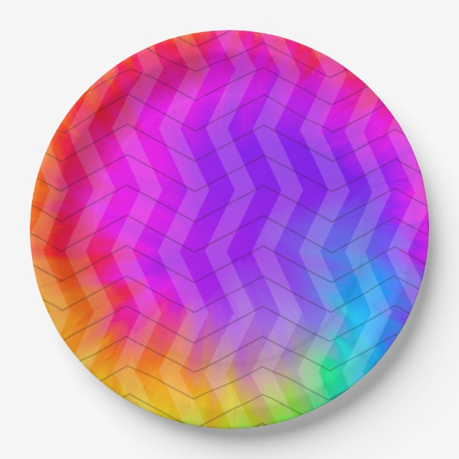 Neon Herringbone Trippy Hippie Rainbow Paper Plates (Front)