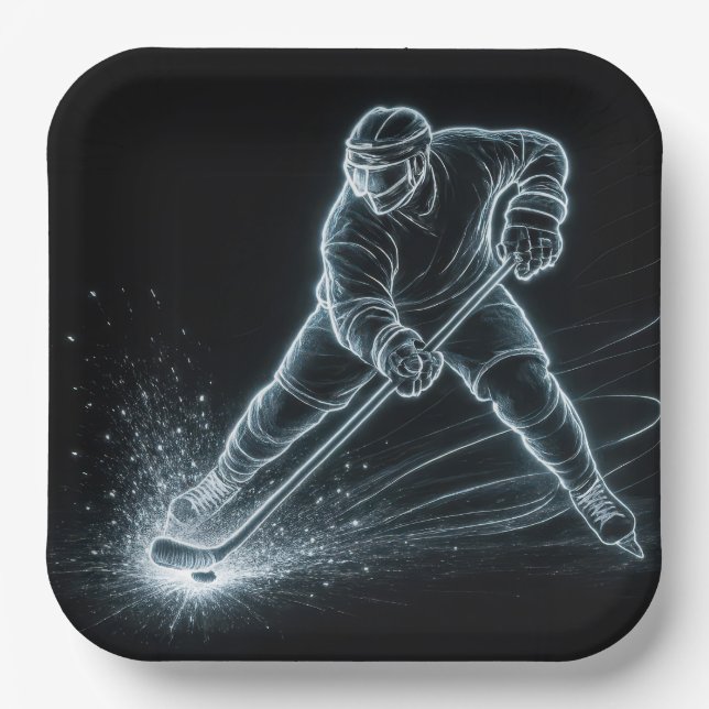 Neon Hockey Player On Ice Paper Plates (Front)