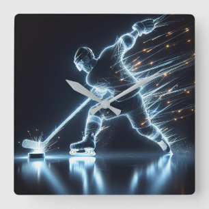 Neon Hockey Player On Ice Square Wall Clock