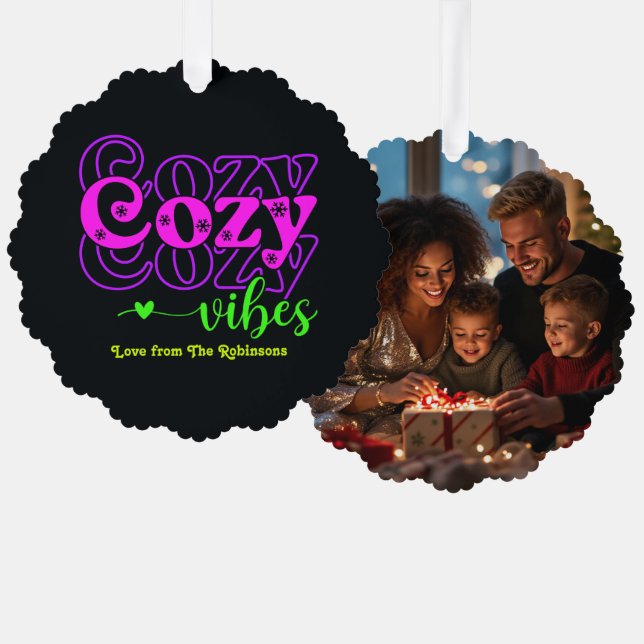 Neon Holiday Glow Cozy Vibes Retro Christmas Photo Ornament Card (Front/Back)