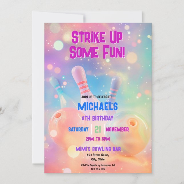 Neon Holographic Bowling Strike Up Some Fun Party  Invitation (Front)