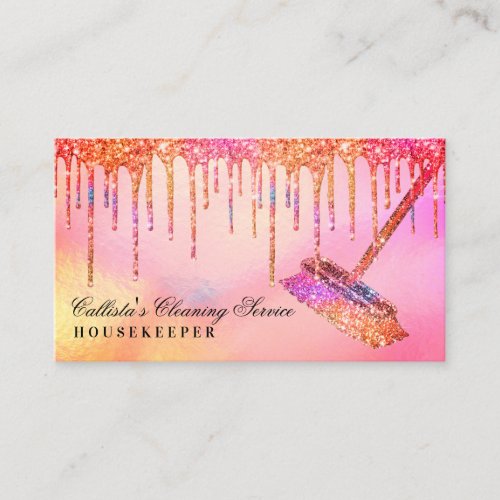 Neon Holographic Glitter Drips Cleaning Service Business Card
