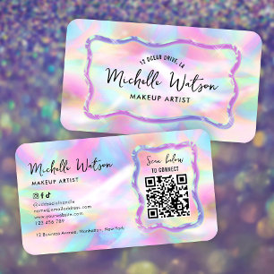 Neon Holographic Iridescent Beauty Salon QR Code Business Card
