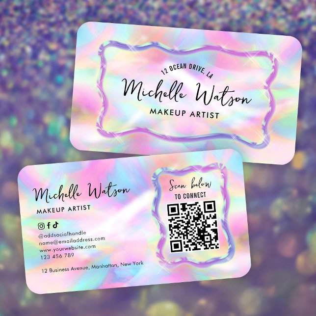 Neon Holographic Iridescent Beauty Salon QR Code Business Card (Neon effect business cards with custom QR code, trendy fonts and holographic style background)
