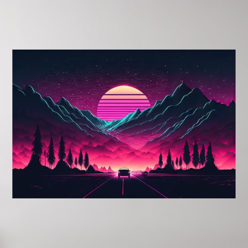 Neon Horizons A Synthwave Mountain Drive Poster