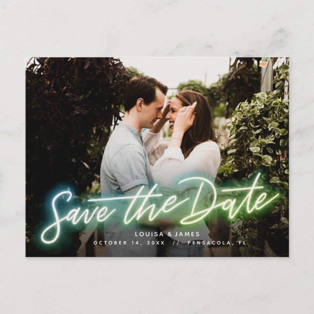 Neon Horizontal Photo Save the Date Postcard (Front)