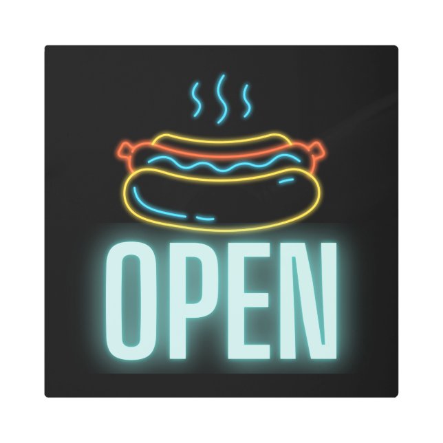 Neon Hot Dog Open Metal Wall Sign (Front)