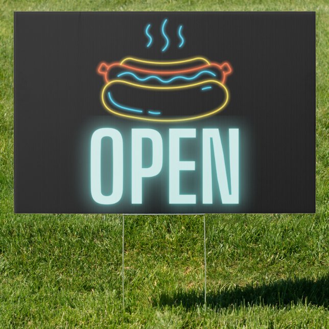 Neon Hot Dog Open Outdoor Yard Sign (Insitu)