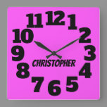 Neon Hot Pink Big Numbers Square Wall Clock