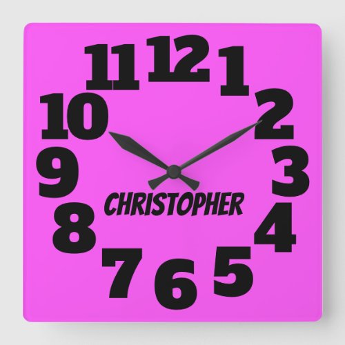 Neon Hot Pink Big Numbers Square Wall Clock