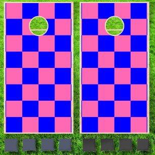 Neon Hot Pink Blue Checkered Checkerboard  Cornhole Set