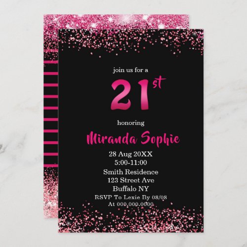 Neon Hot Pink Glitter 21st Birthday Invitations 