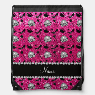 Neon hot pink glitter princess crown wand stars drawstring bag