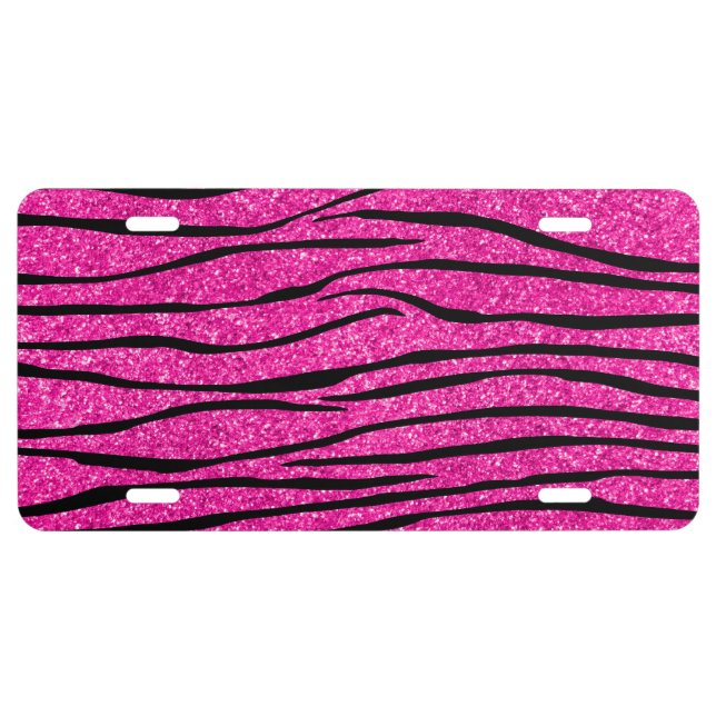 Neon hot pink glitter zebra stripes license plate (Front)