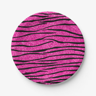 Neon hot pink glitter zebra stripes paper plates