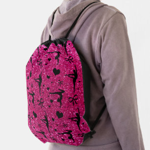 Neon hot pink gymnastics glitter pattern drawstring bag