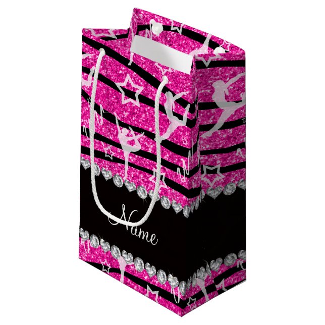 Neon hot pink gymnastics glitter zebra stripes small gift bag (Front Angled)