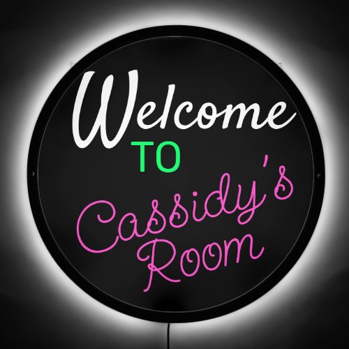 Neon Hot Pink Lime Green Room Name on Black LED Sign