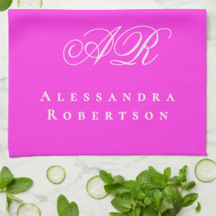 Neon Hot Pink Monogram Name Minimalist Bold Vivid Kitchen Towel