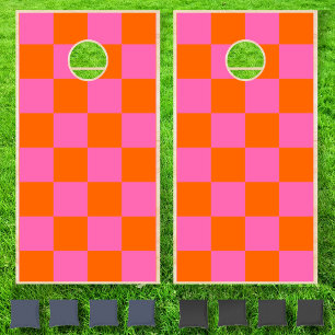 Neon Hot Pink Orange Checkered Vintage Cornhole Set
