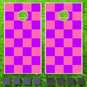 Neon Hot Pink Purple Checkered Checkerboard  Cornhole Set