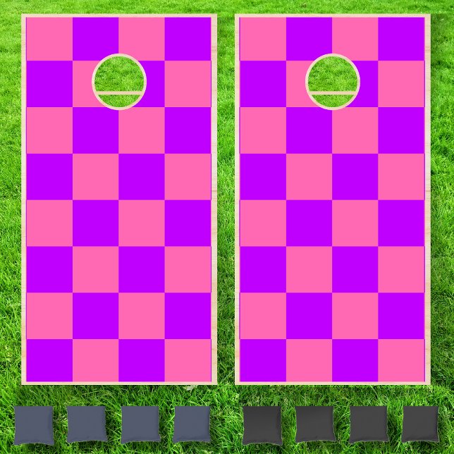 Neon Hot Pink Purple Checkered Checkerboard  Cornhole Set (Creator Uploaded)
