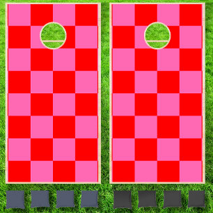 Neon Hot Pink Red Checkerboard Vintage Cornhole Set