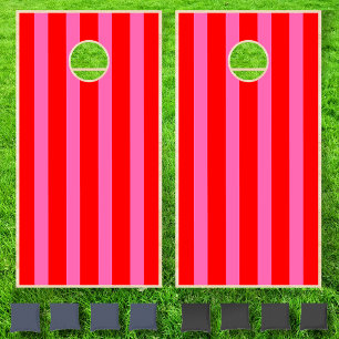 Neon Hot Pink & Red Cool Vintage Striped Cornhole Set