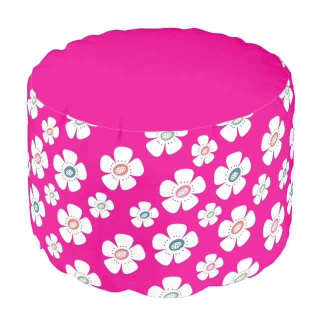 Neon Hot Pink With Flowers Pouf (Angled Front)
