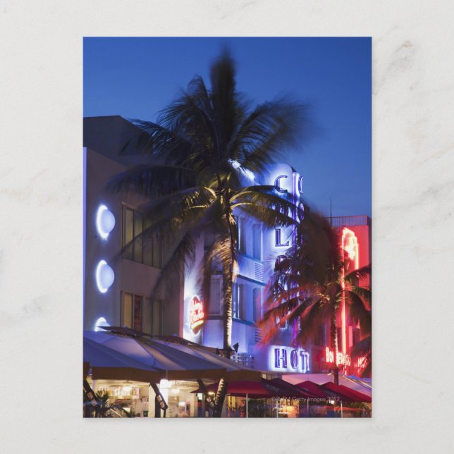 Neon hotel at night, Ocean Drive, South Miami Beac Postcard (Front)