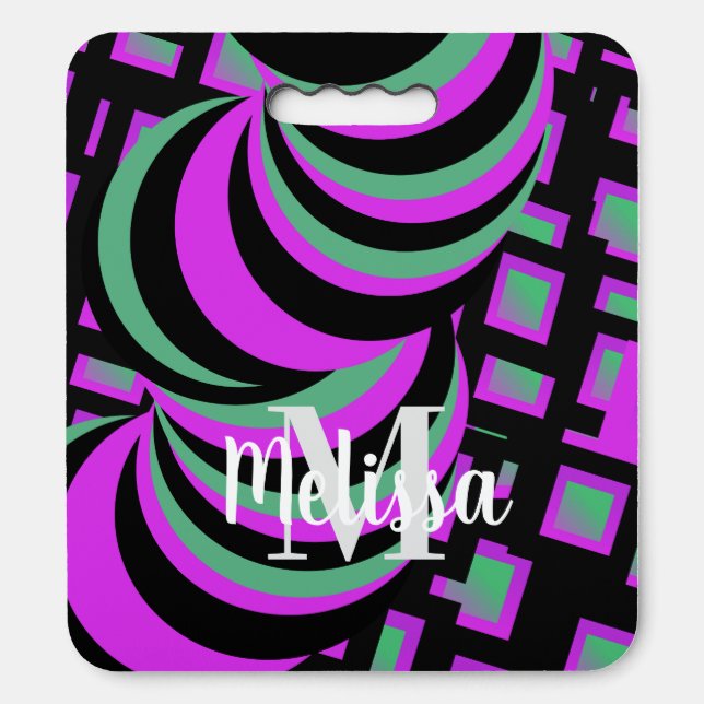 Neon Hypnotic Purple Tunnel Swirls Initial Name Seat Cushion (Front Vertical)