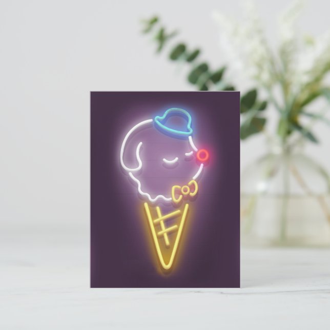 Neon Ice Cream Pup: Glowing Smiling Bichon Sign Ar Announcement Postcard (Standing Front)