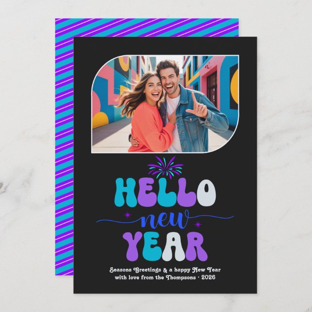Neon Ice Hello New Year Blue Retro Photo Holiday Card (Front/Back)
