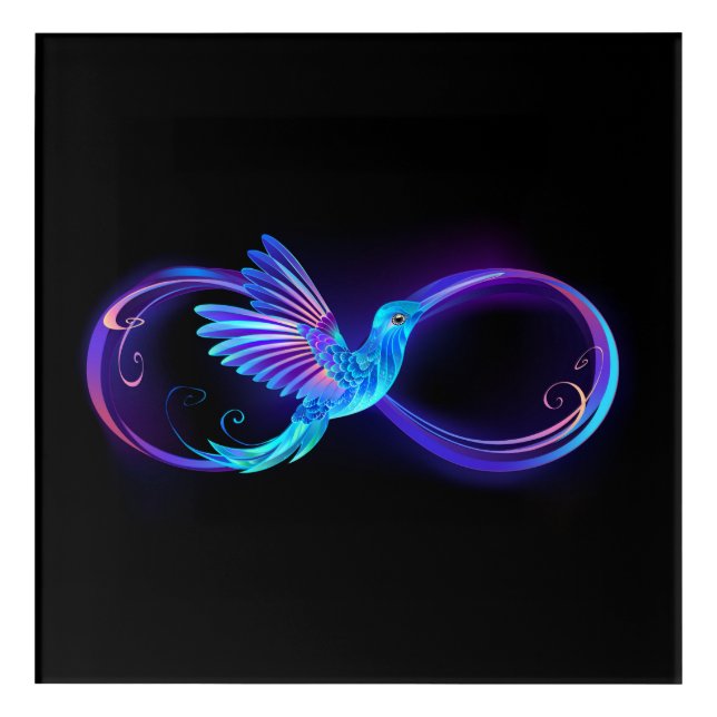 Neon Infinity Symbol with Glowing Hummingbird Acrylic Print (Front)